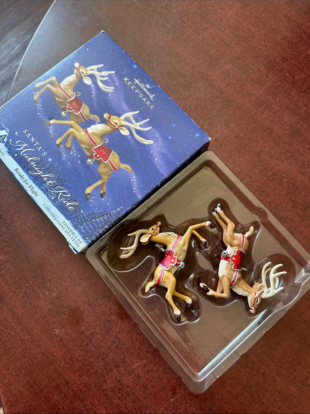 ##120, Hallmark Hanging Tan and Red Reindeer Ornament Duo
